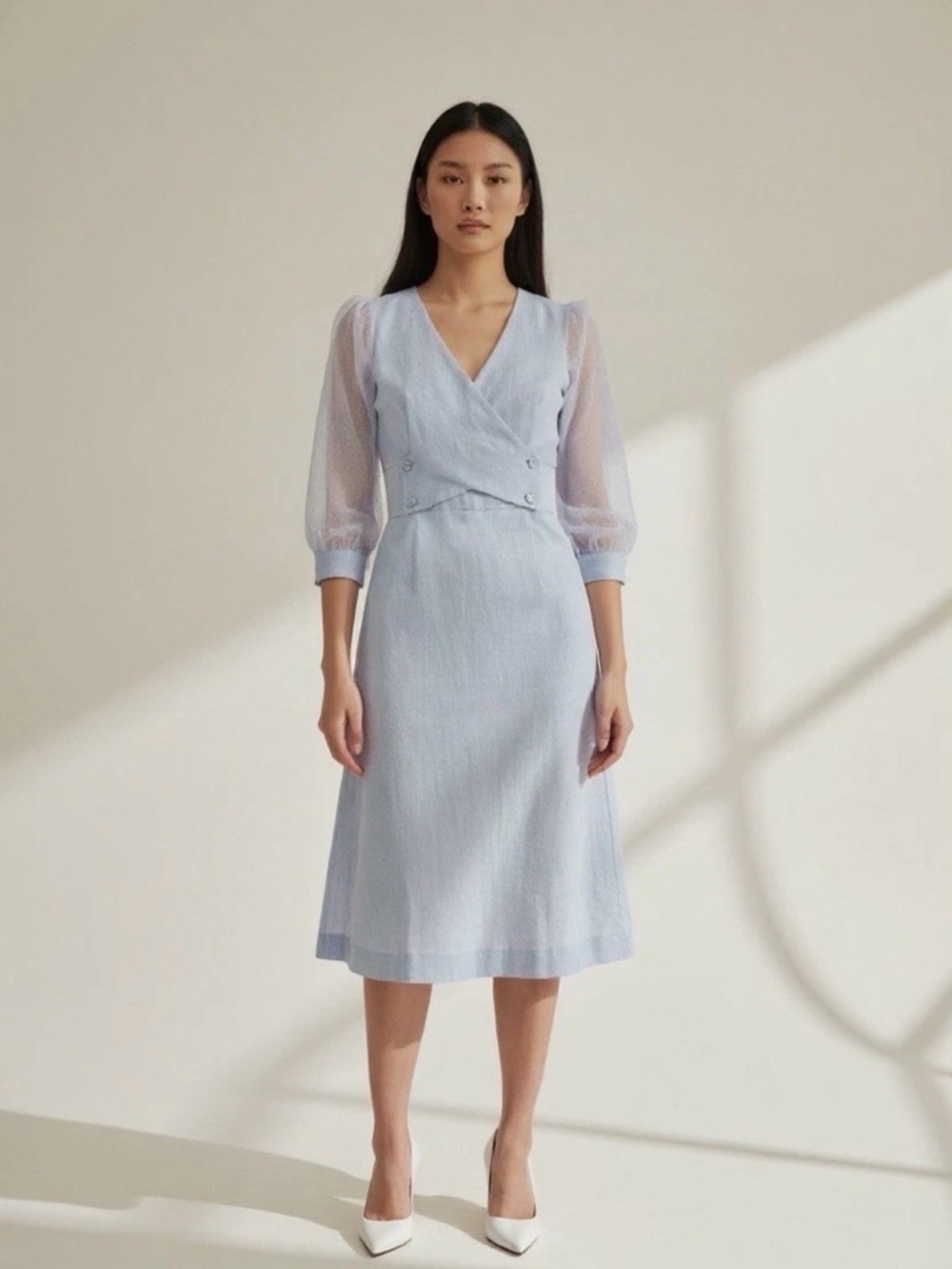 1950s Dress‎ VTG Midi Straight 50s Swiss Dot Crossover Periwinkle Blue XS FLAW